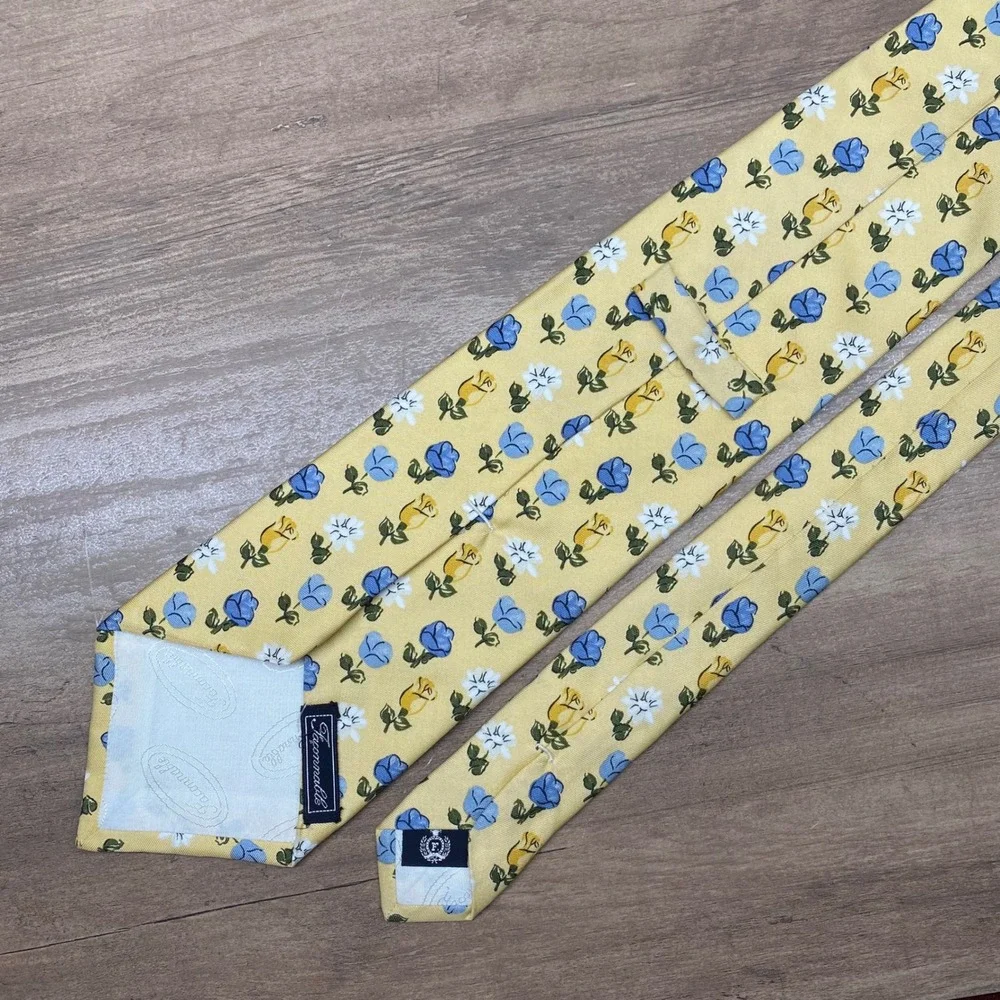 Faconnable Mens Silk Tie Yellow Blue Floral Rose Pattern Handmade in France‎